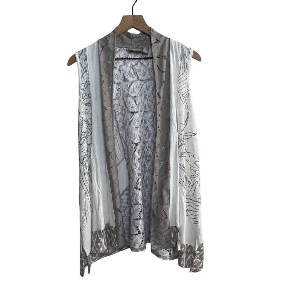 Chico’s Sheer Open-Front Cardigan Vest Ivory Taupe Lightweight Women’s Size M/8
